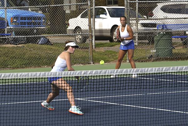 West Iron’s No. 1 doubles team, Aubrey Bice (foreground) and Madison Berutti are a new partnership this year and have gone through the ups and downs of that process. But the Wykon duo has stayed competitive throughout the first portion of the season.