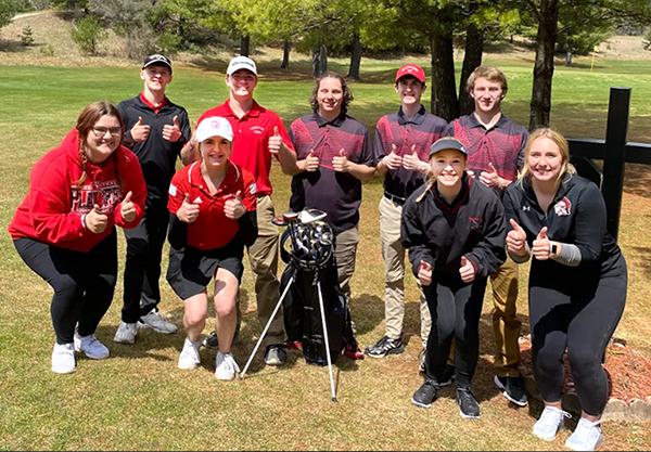 The boys and girls golf teams competed at North Central Wild Pines on May 26. Front row (left to right): Beth Nocerini, Ella Gasperich, Rayven Jacobson, Gracie Peterson. Back row (left to right): Ethan Kopf, Kaidan Green, Tyler Dumke, Quinn Premo, Brad Stacy.