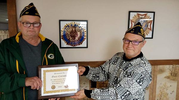 Gary Curnow was recently recognized by the East Side Veterans for serving as the secretary for the past 14 years. The East Side Veterans thank him for his faithful and tireless efforts through the years. (submitted photo)