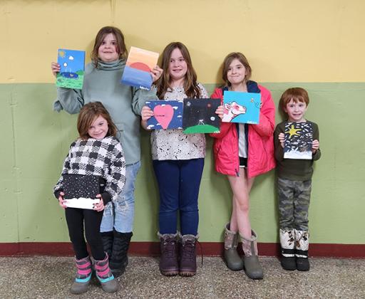 The Community Kids 4-H Club utilized painting techniques learned in a recent 4-H Council painting class, courtesy of Trish Stuck. Pictured are, from left, Layla Dobson, Chaselynn Olson, Izzy Tilley, Ellianna Olson and Riley Shimun. Not pictured are, (but their artwork is), Wynter Weeks, J.T. Weeks, Emma Hall and Kaylee Hall. (submitted photo)