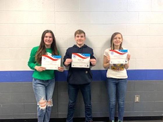 Pictured are, from left, Avery Osterlund (third place), Ryker Gill (first place) and Lacey Mattson (second place). (submitted photo)