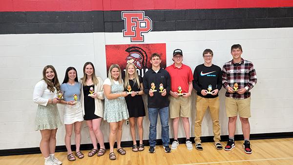 Most Valuable Players for each sport: Pictured are, from left, Ava Fischer (Track), KD Woollard (Softball), Leah Feldhausen (Volleyball), Lauren Kudwa and Elsie Williams (Girl’s Basketball), Sam McKissack (Track and Football), Hunter Loehr (Golf), Matthew Showers (Baseball) and Kevin Giuliani (Boys’ Basketball). (submitted photo)